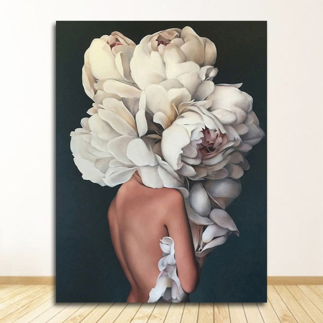 Flowers Feathers Woman Abstract Canvas Poster